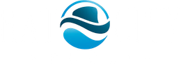 Blue and teal circular wave logo on a white background