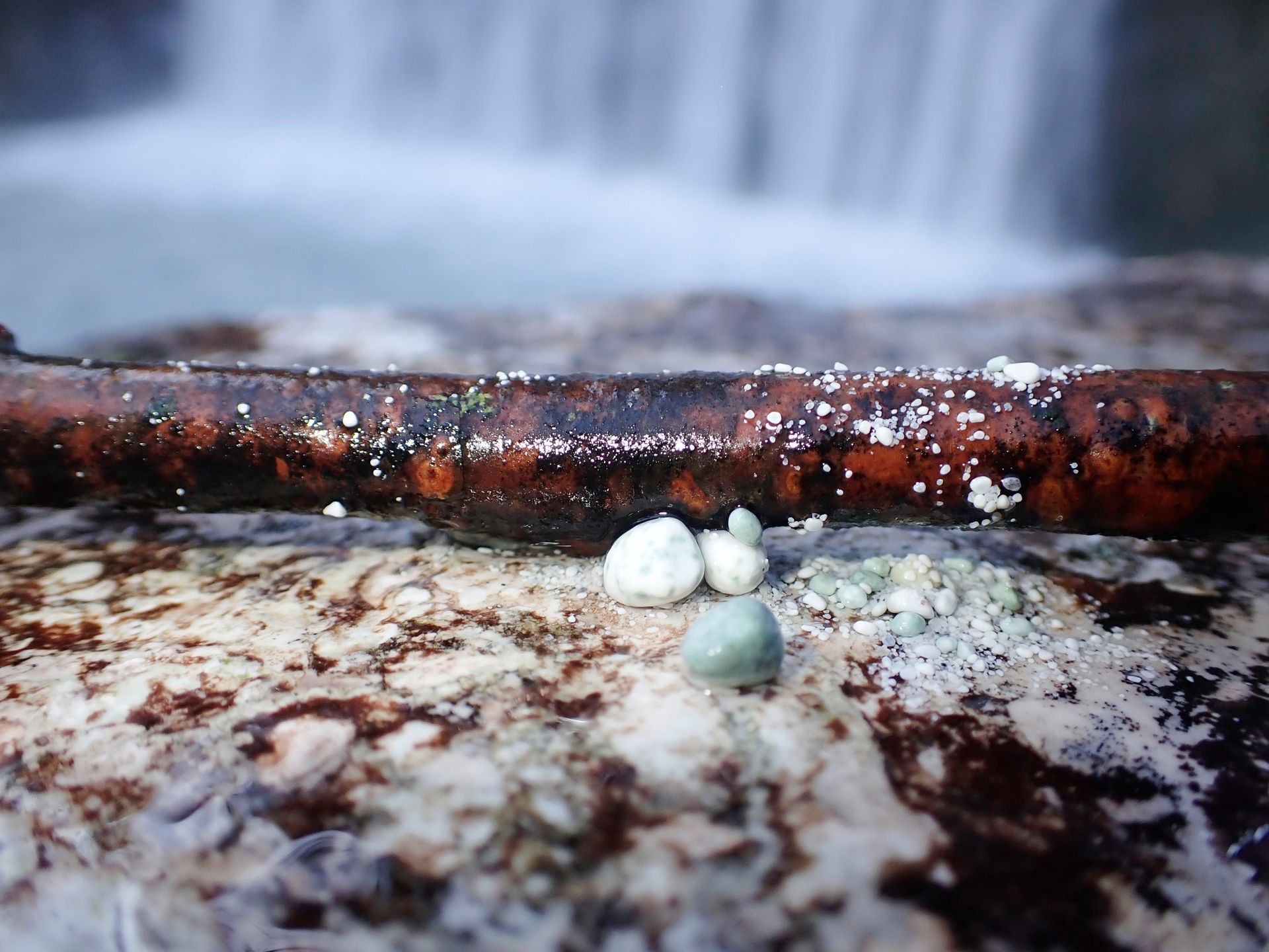 Small white and green pebbles on a wet rocky surface with a blurred waterfall in the background