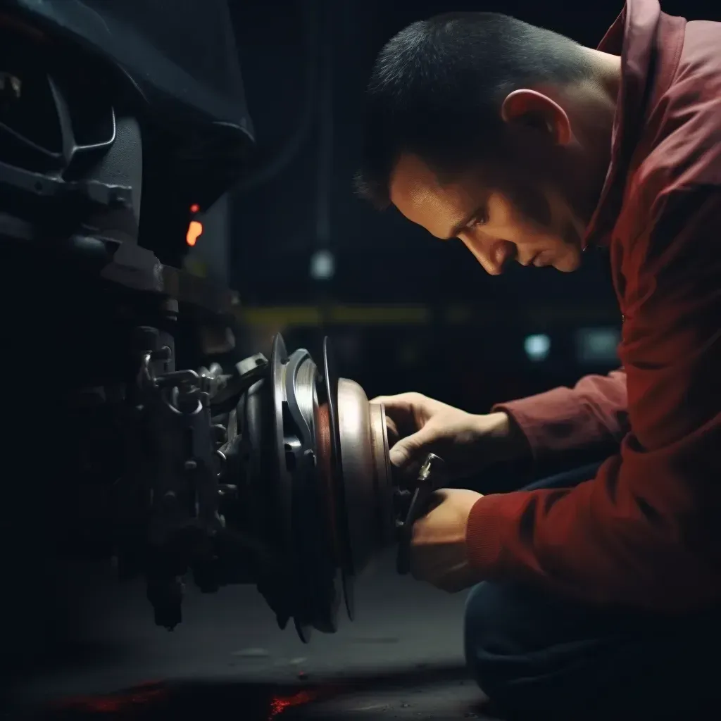 A mechanic fixing a break caliper