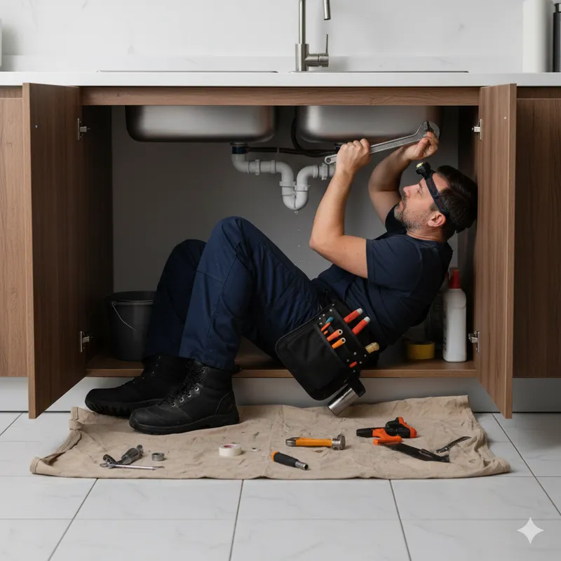 Person repairing plumbing under a sink with tools spread on a cloth in a kitchen cabinet
