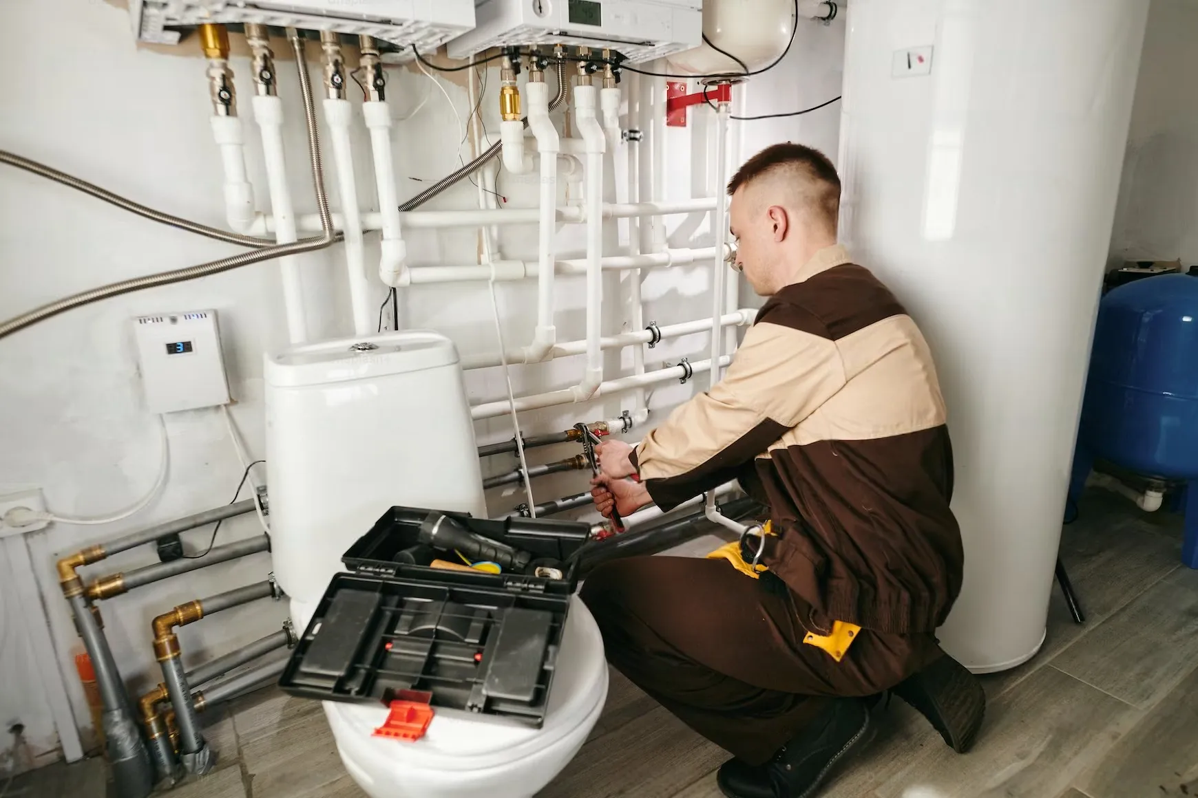 Technician kneeling by white plumbing pipes, working on an open toolbox in a utility room