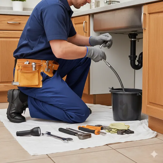 Plumber kneeling under sink, fixing a drain pipe with tools on a cloth beside him.