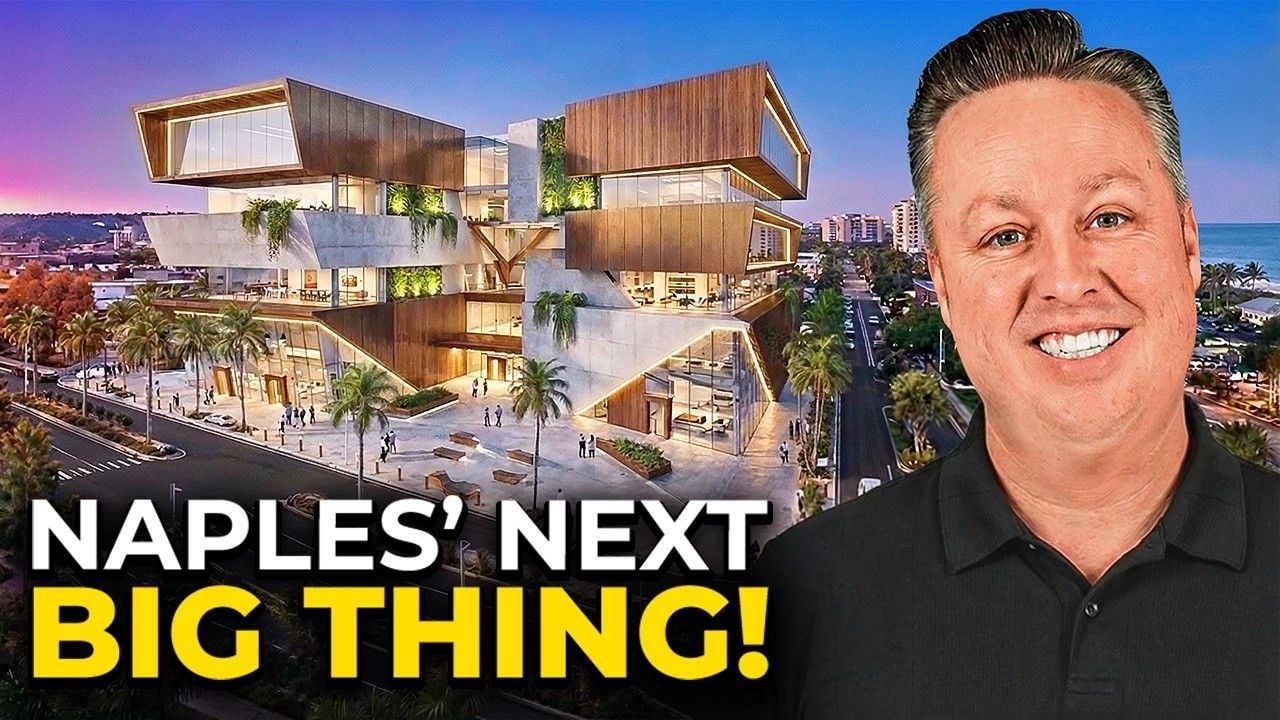 A smiling person next to a digital rendering of a modern, multi-story commercial building, with text: NAPLES' NEXT BIG THING!