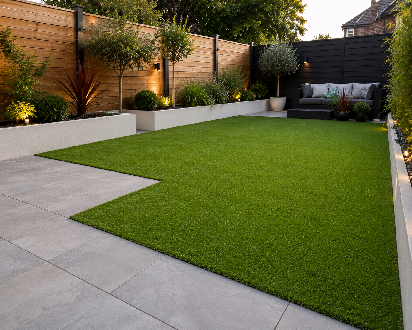 Two men are rolling a roll of artificial grass in a garden.