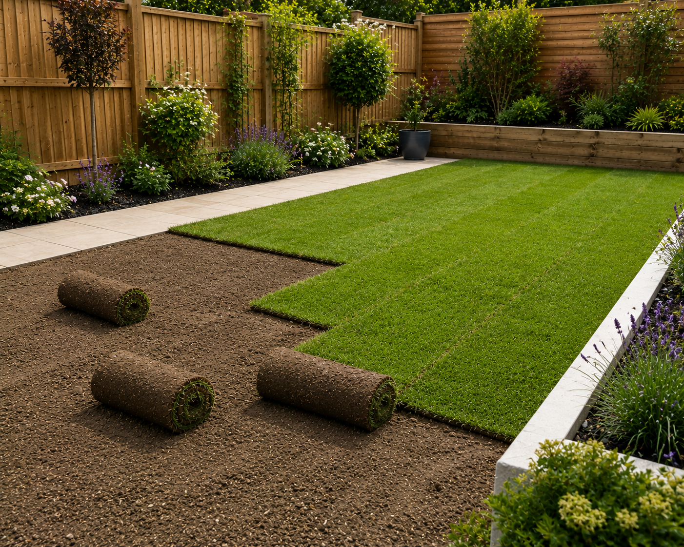 A man is rolling a roll of grass on the ground.