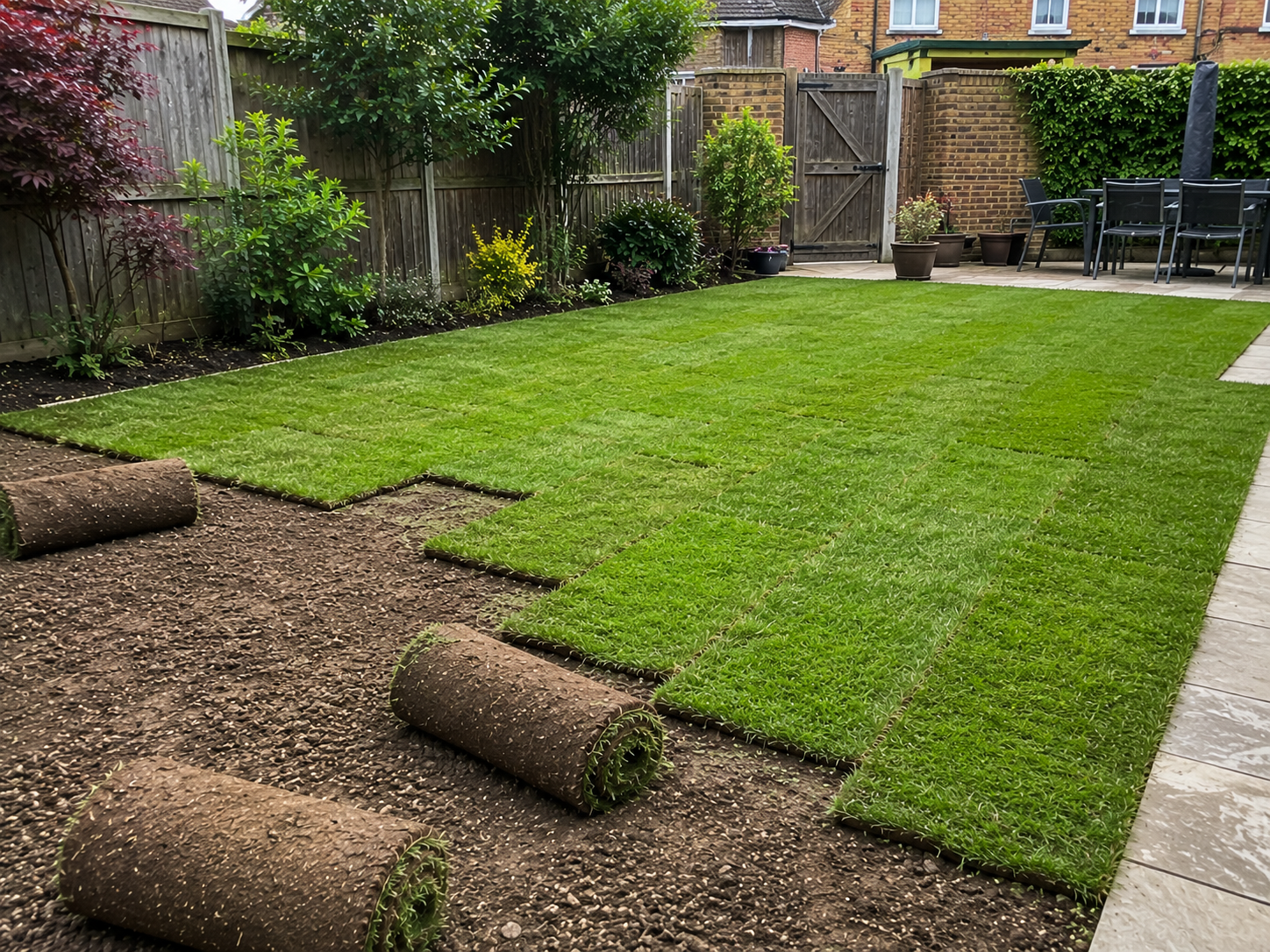 A man is kneeling on the ground while working on a lawn.