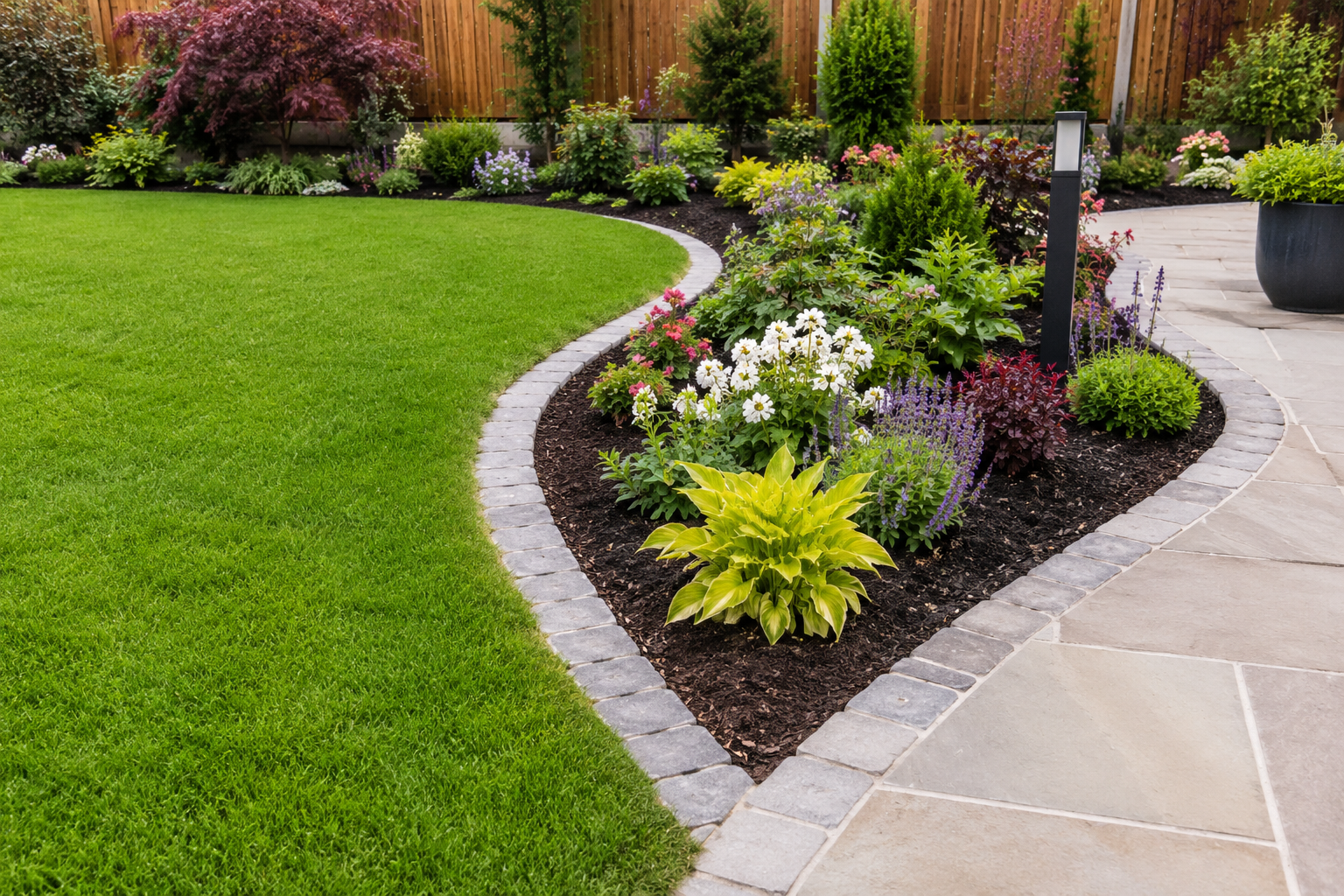 A wooden planter with steps leading up to a patio.