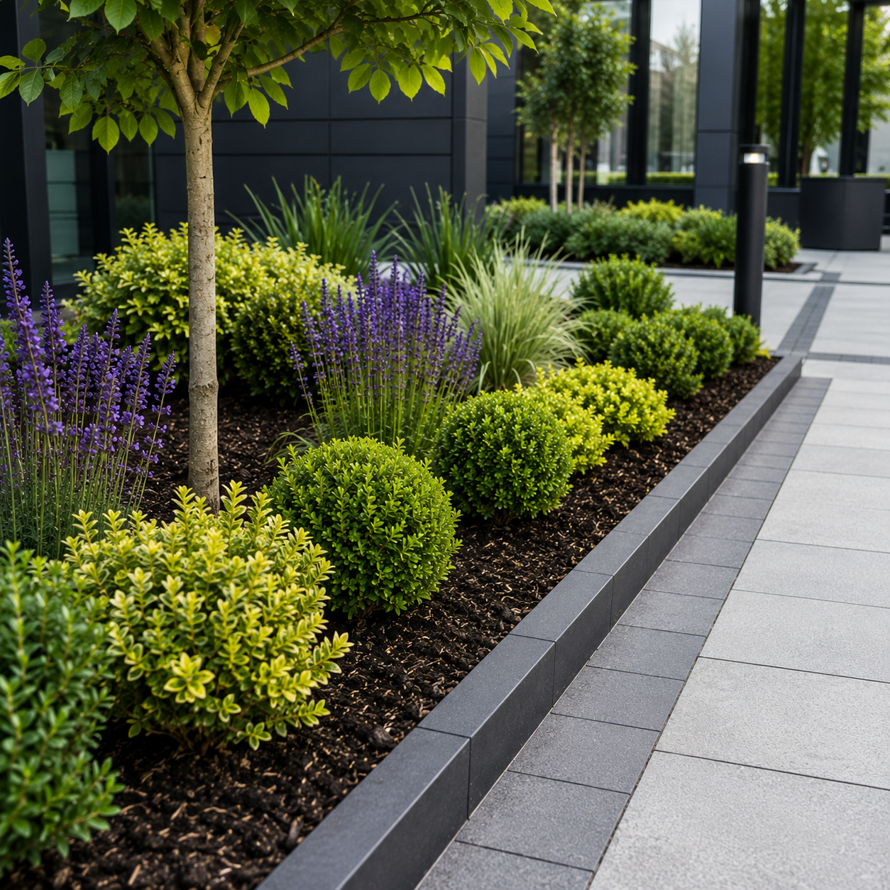 A rock garden filled with purple and yellow flowers and plants.