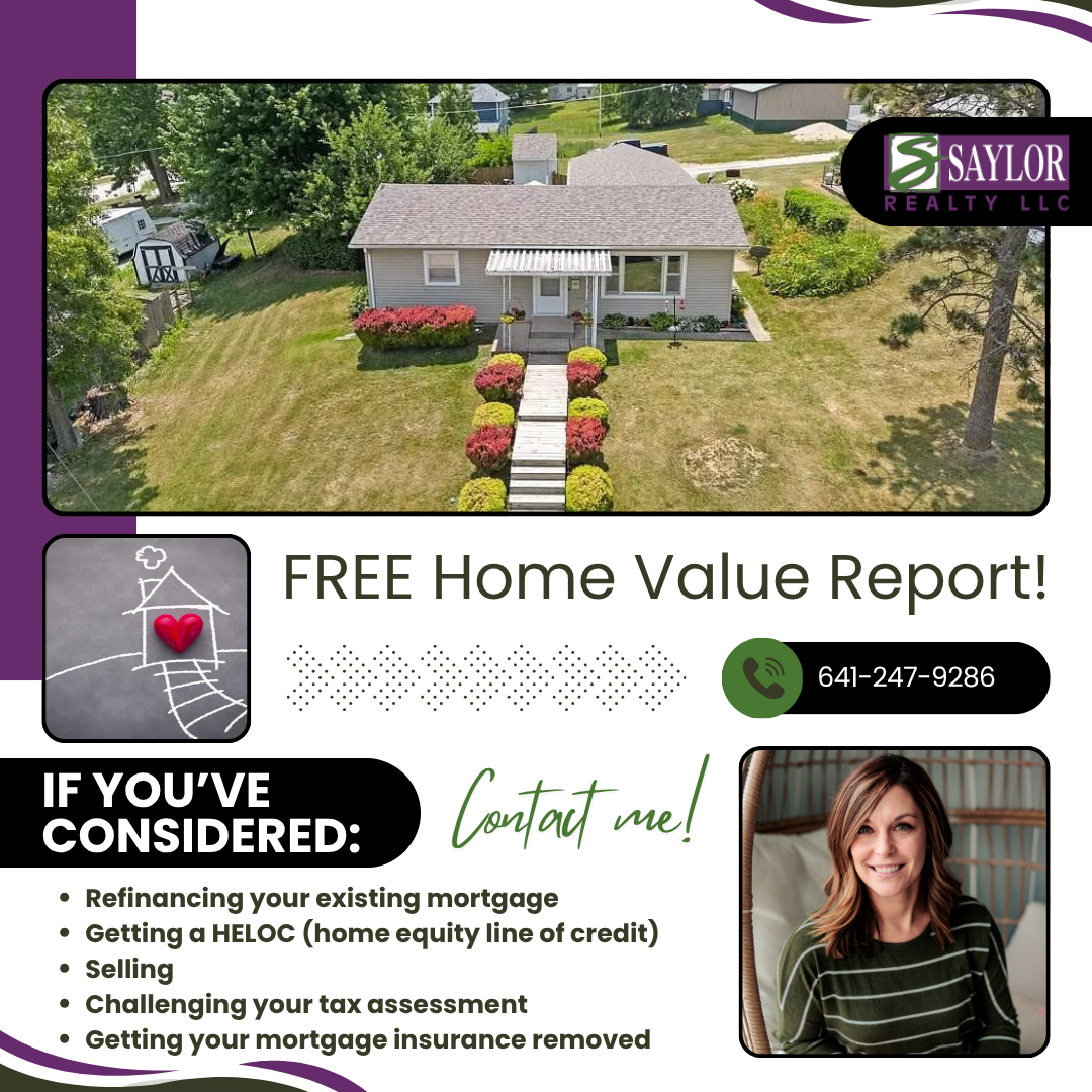 Real estate ad:  “Free Home Value Report”. refinancing, HELOC, selling options. Randi Johnson Winterset Real Estate Agent