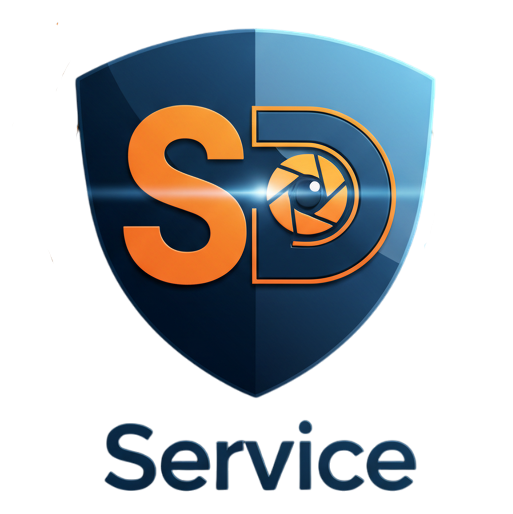 Logotipo Shield: «SD» naranja con apertura de cámara, fondo azul marino y azul. Texto «Service» debajo.