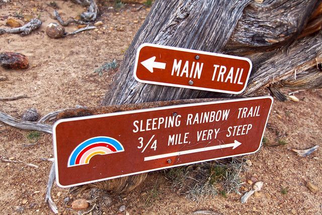 Two trail signs: a brown rectangular sign pointing left to
