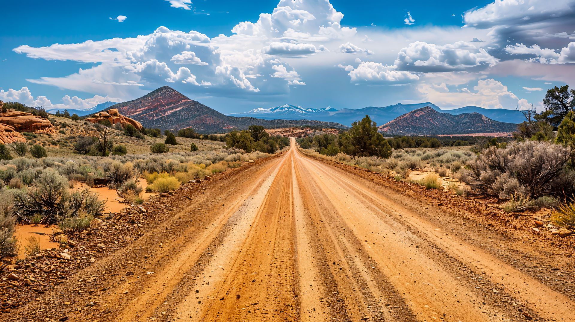 Dirt road stretching through a desert landscape toward distant mountains under a bright blue sky with clouds