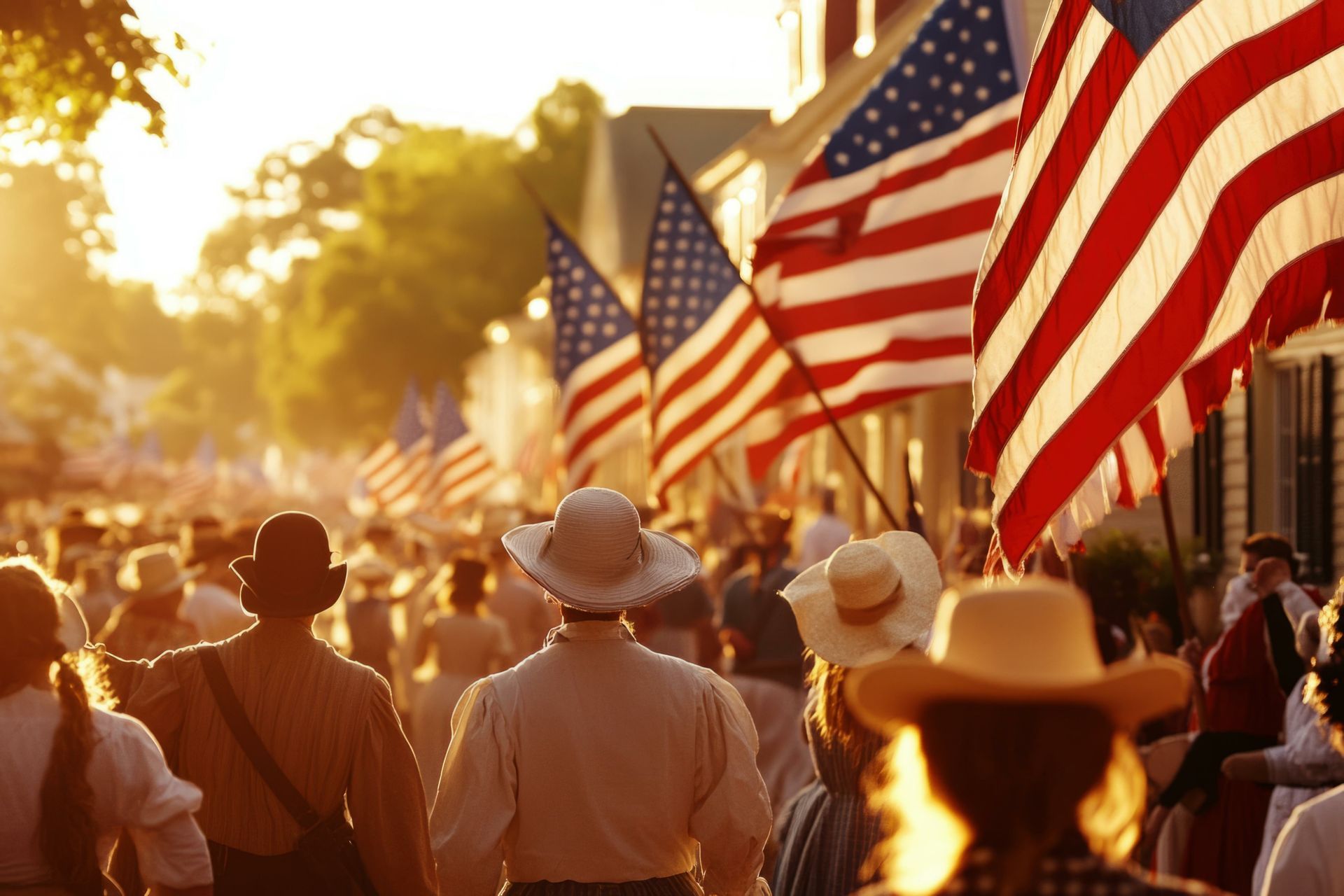 People in period clothing walking down a street lined with American flags during a sunny, outdoor historical reenactment.