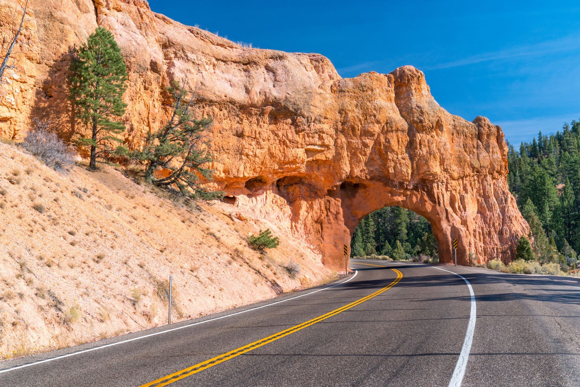 A winding paved road passes through a natural rock tunnel set within orange-hued stone cliffs under a bright blue sky.