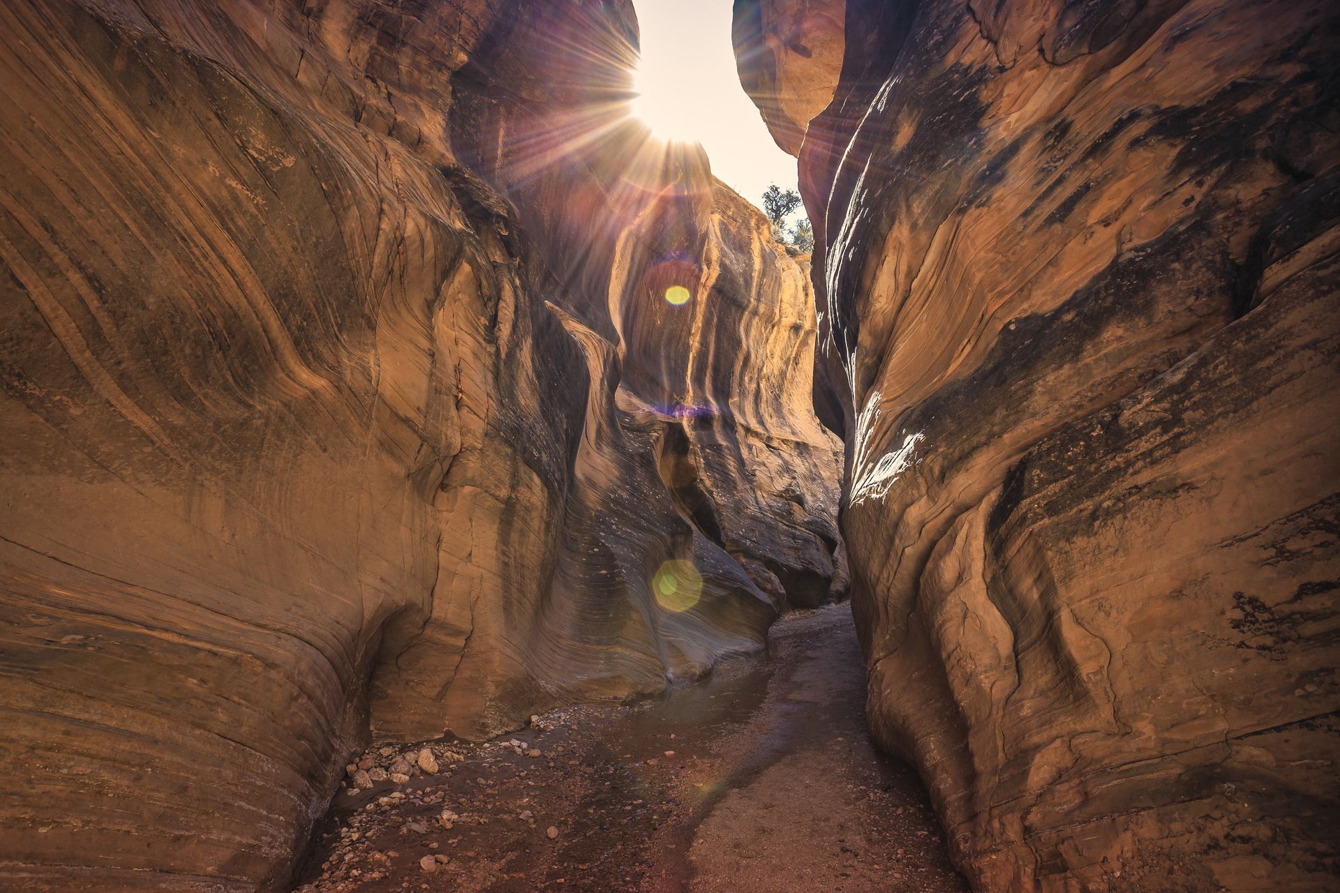 Sunlit narrow canyon with warm orange rock walls and a bright opening overhead