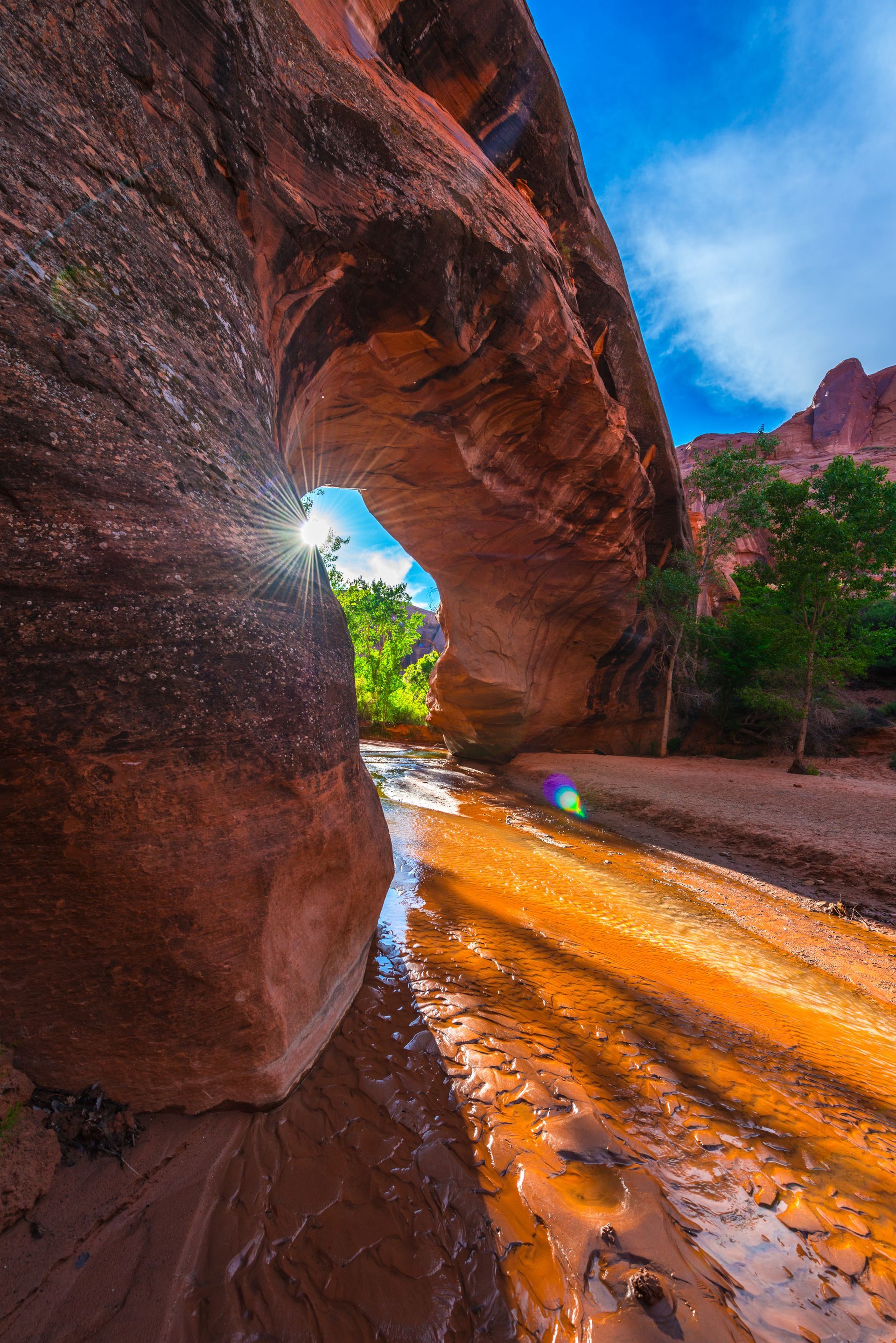 Sunlit canyon arch over a muddy stream, with red rock walls and blue sky.