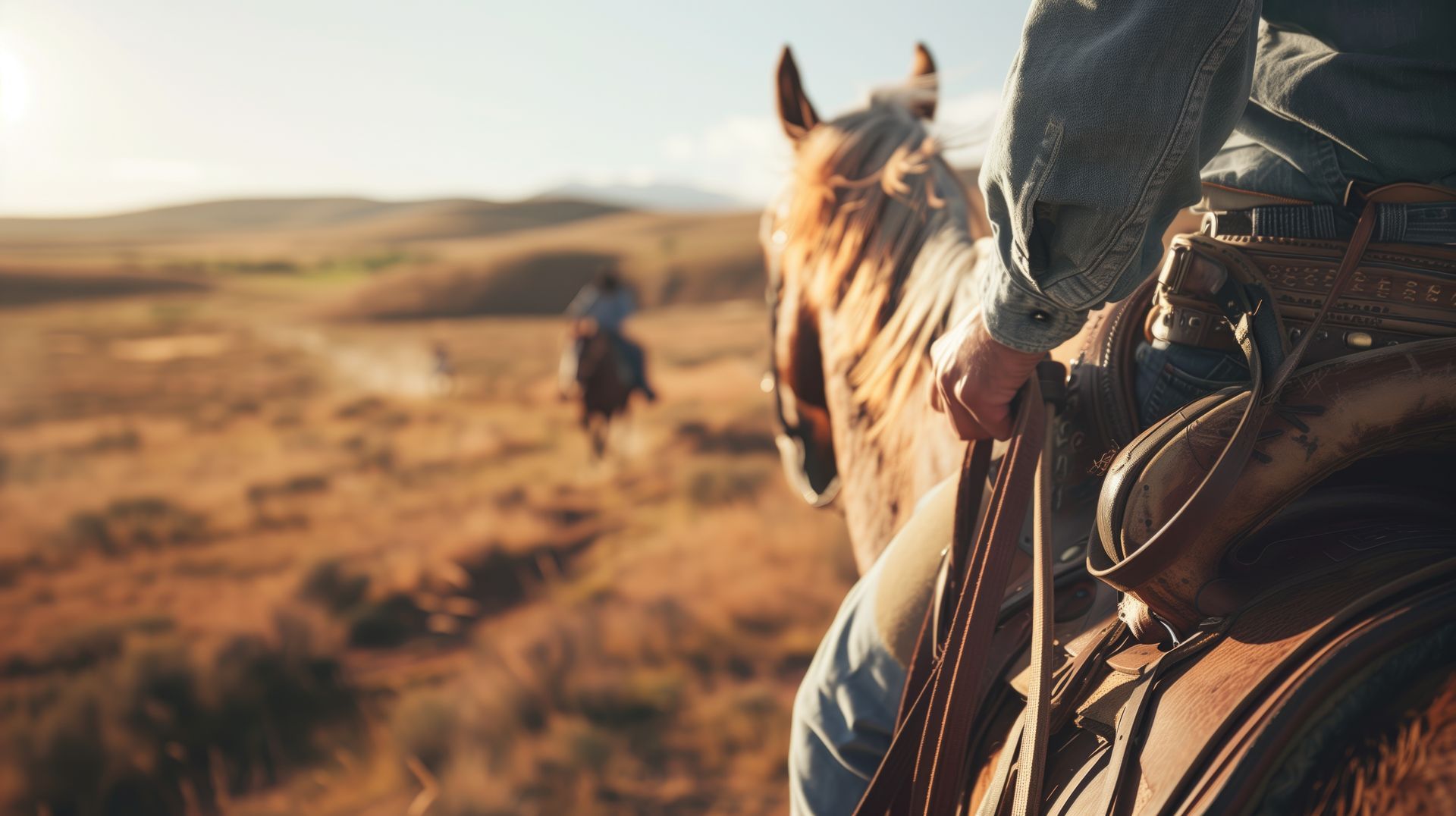 A rider sits in a western saddle on horseback, looking toward another rider in the distance on a sunlit, dry landscape.