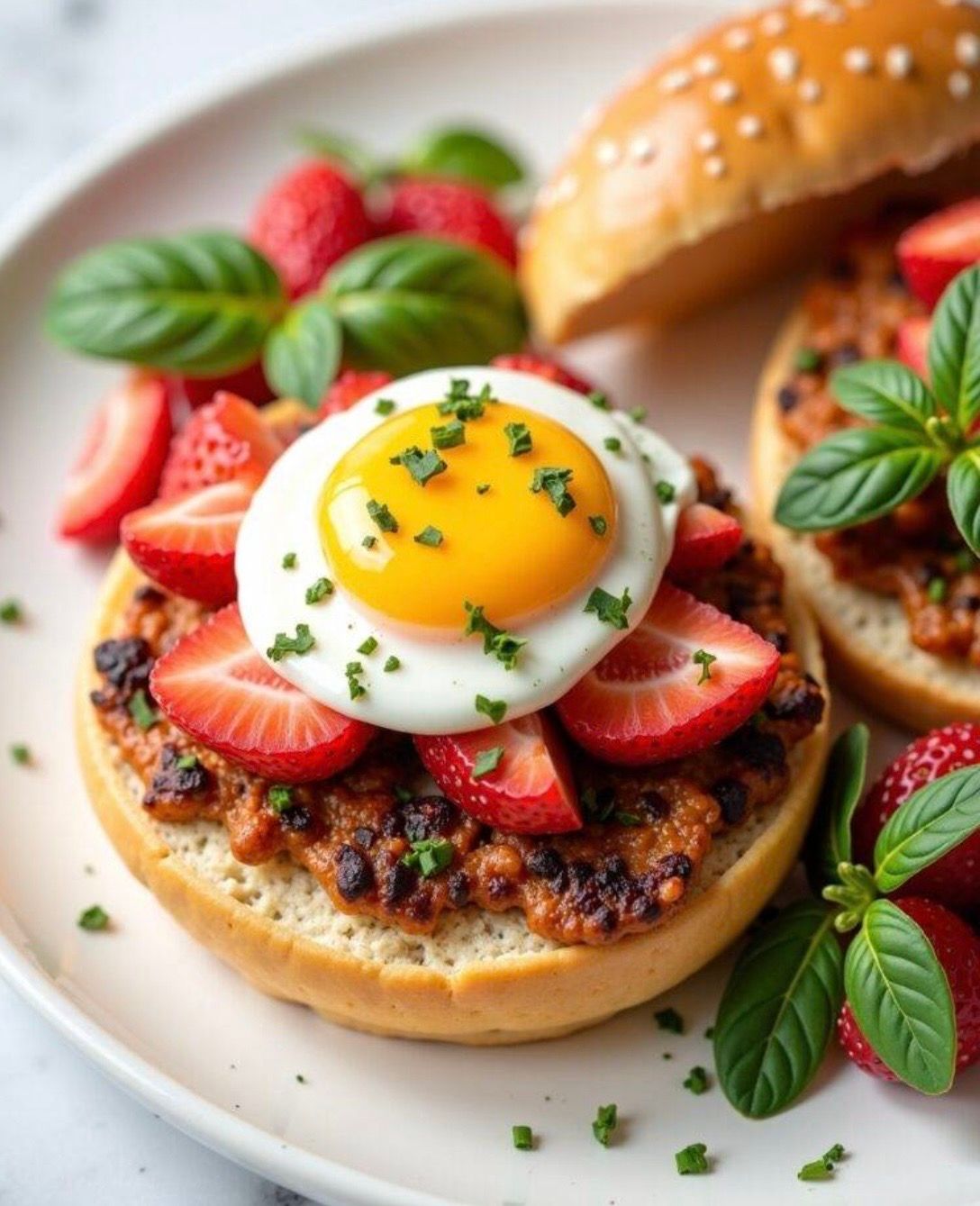 Two cast iron skillets containing sweet potato hash topped with sunny-side-up eggs and garnished with fresh herbs.