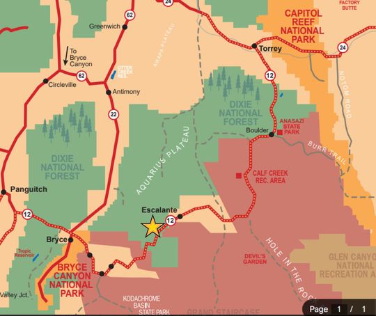 Map of national parks with colored regions and a star marking “Excellent” near Bryce Canyon.