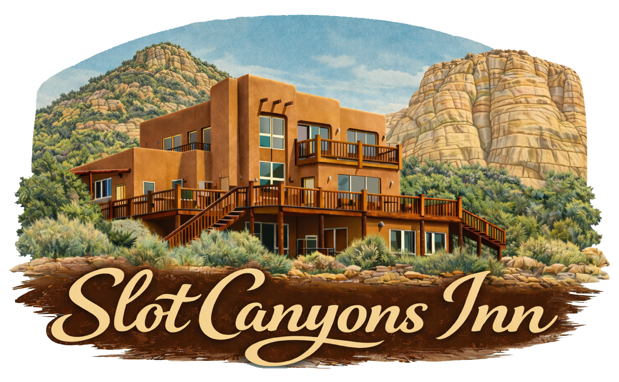 A multi-level adobe-style inn set against a rocky desert landscape with the text
