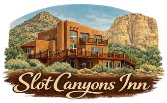 A multi-level adobe-style inn set against a rocky desert landscape with the text