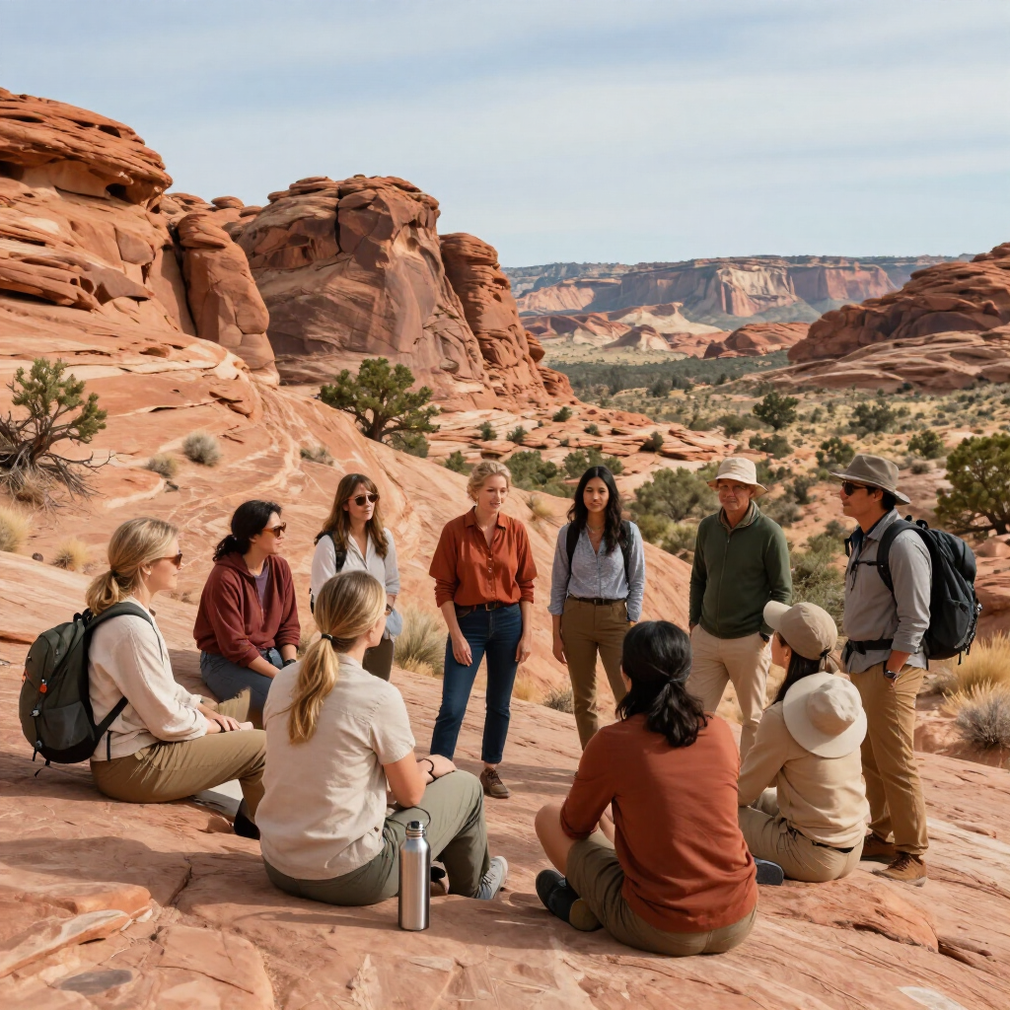 Group seated around a campfire in a red rock desert canyon at sunset