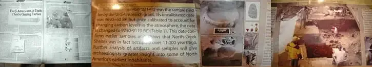 A collage of historical displays featuring printed articles, a descriptive sign, illustrations, and a museum-style diorama.