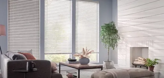 A living room with a couch , coffee table , fireplace and blinds. Love is Blinds Arizona (844) 936-2446