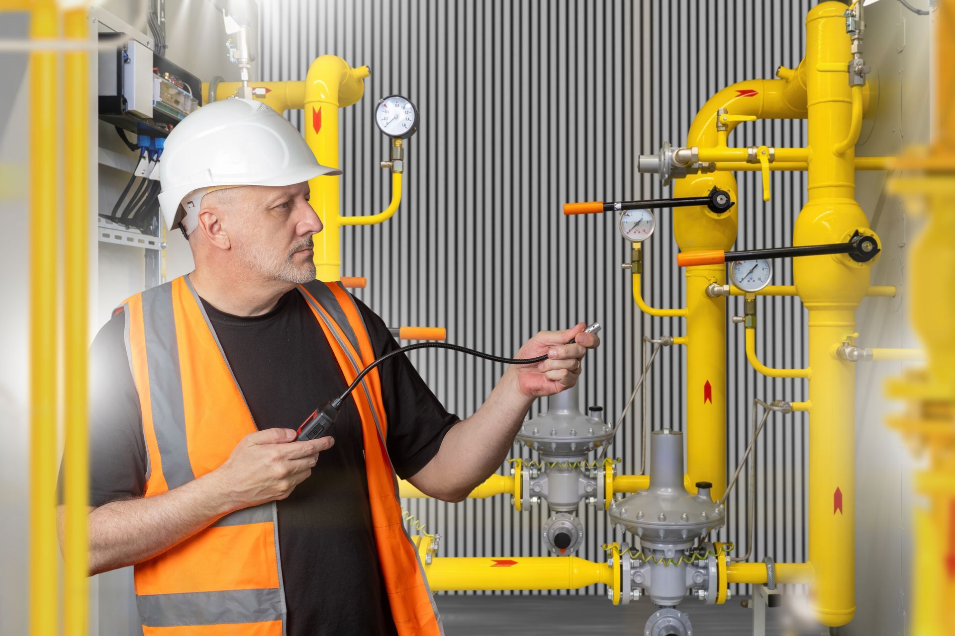 Engineer uses gas analyzer to check pressure pipelines and detect possible leaks. Engineer uses gas analyzer to check pressure pipelines and detect possible leaks.