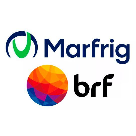 Logotipos de Marfrig y BRF, con un símbolo verde/azul encima de 