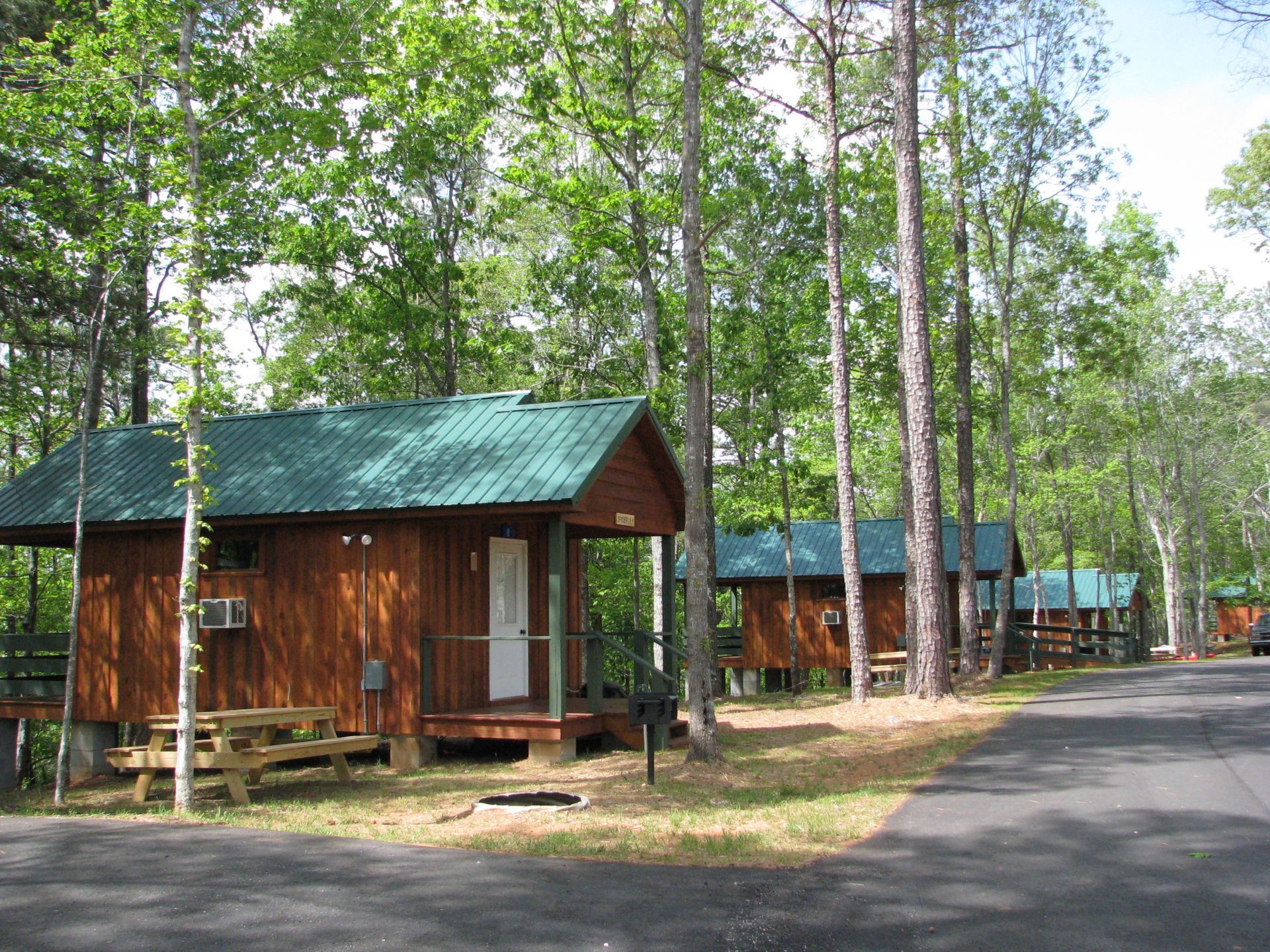 Wooden cabins with green roofs line a paved road, nestled among trees.
