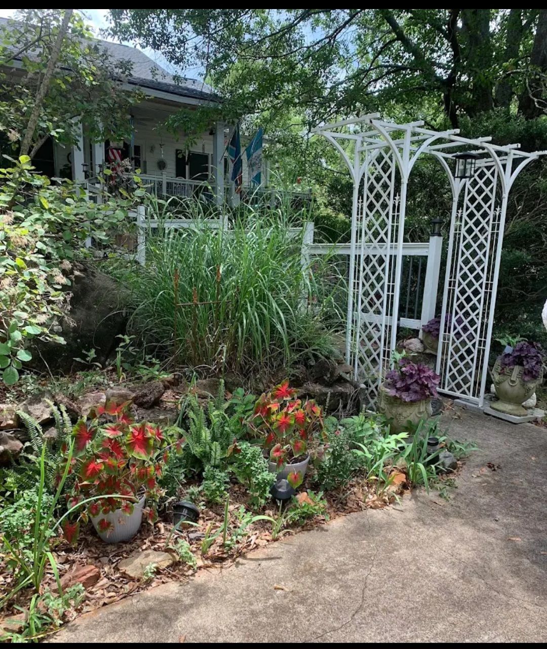 A white arbor and gate lead to a house surrounded by a lush garden with red and purple flowers.