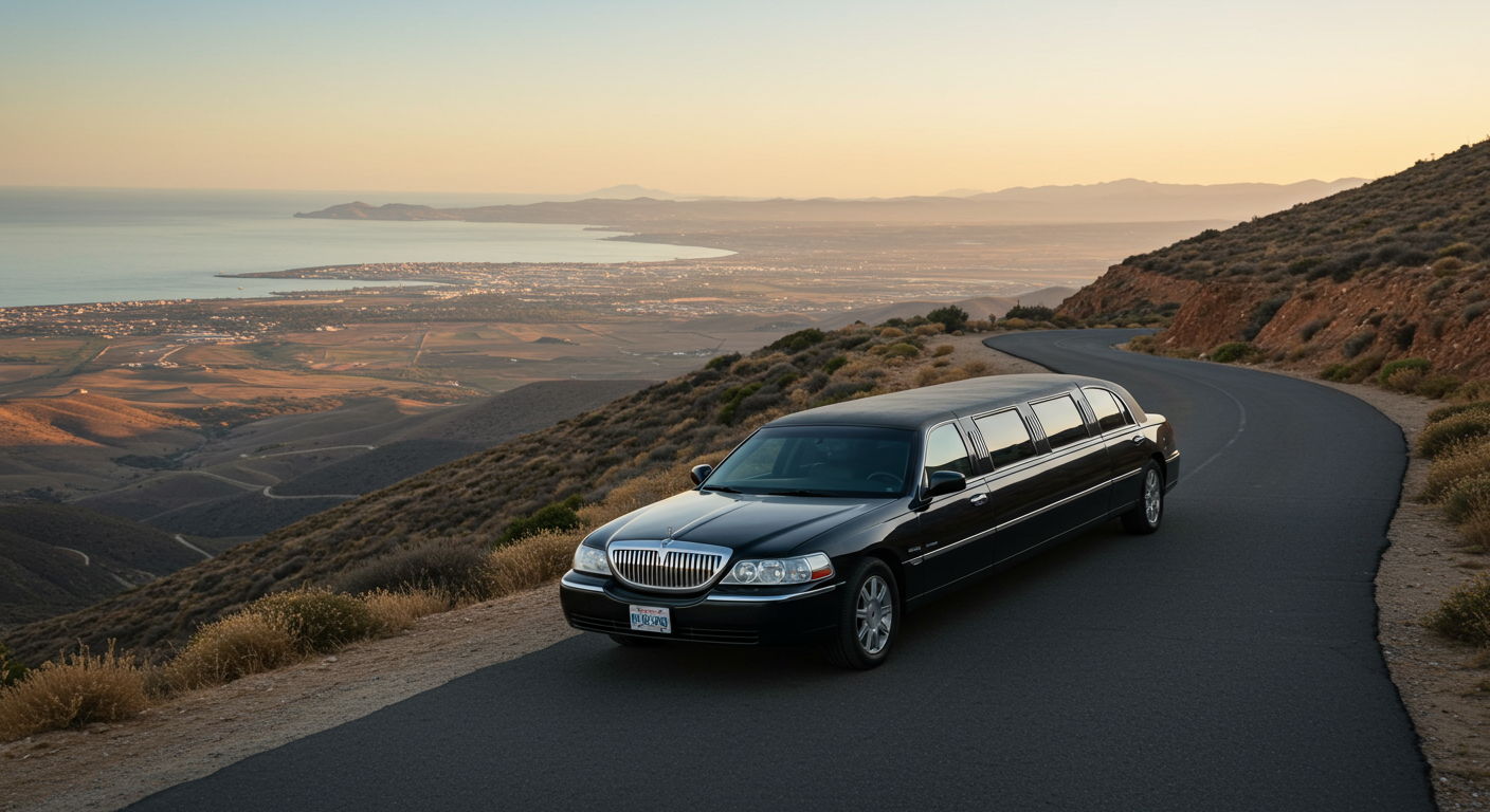 A black limousine is driving down a mountain road.