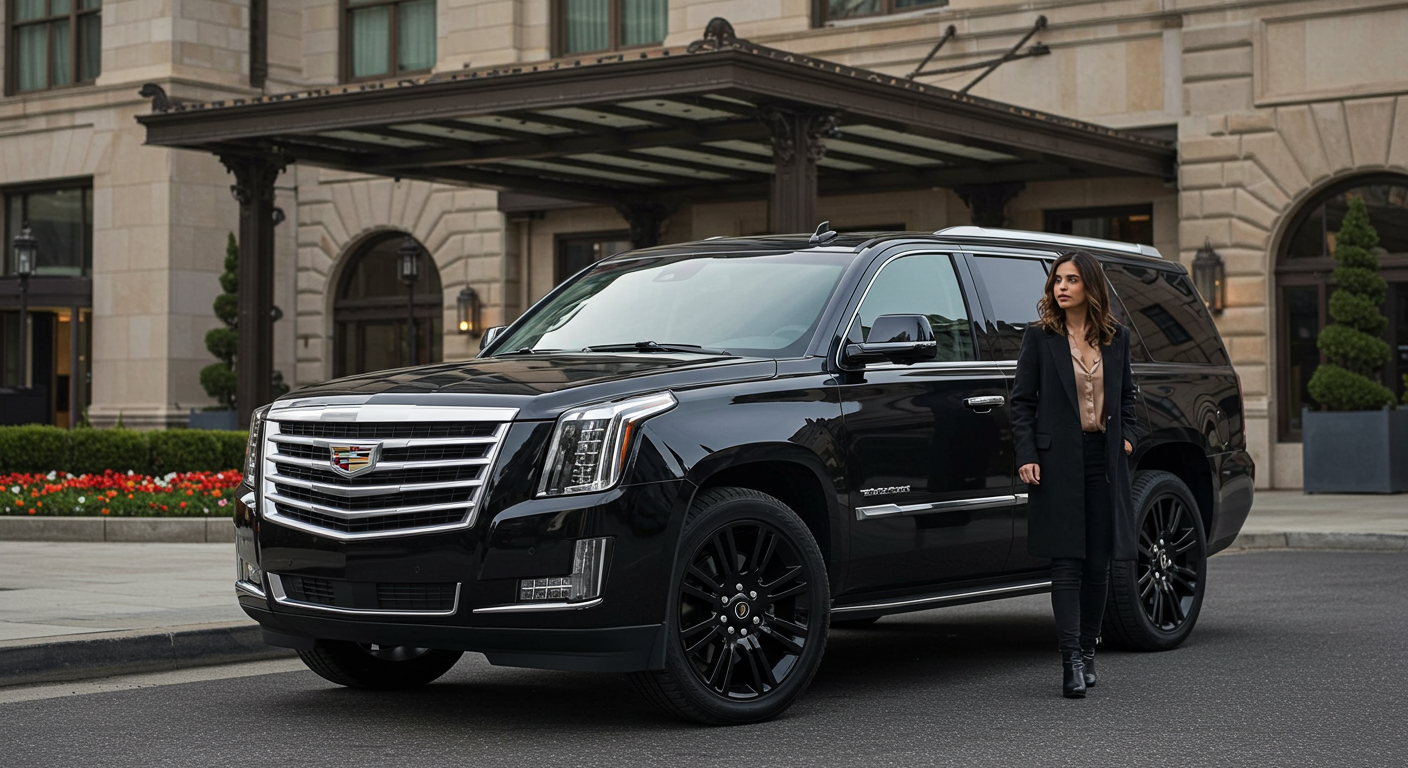 A woman is standing next to a black cadillac escalade parked in front of a building.