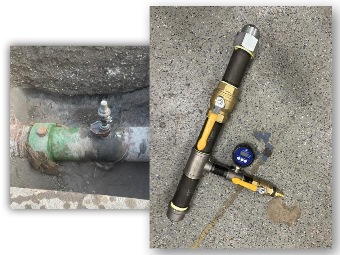 A picture of a pipe and a picture of a pipe with a pressure gauge attached to it.