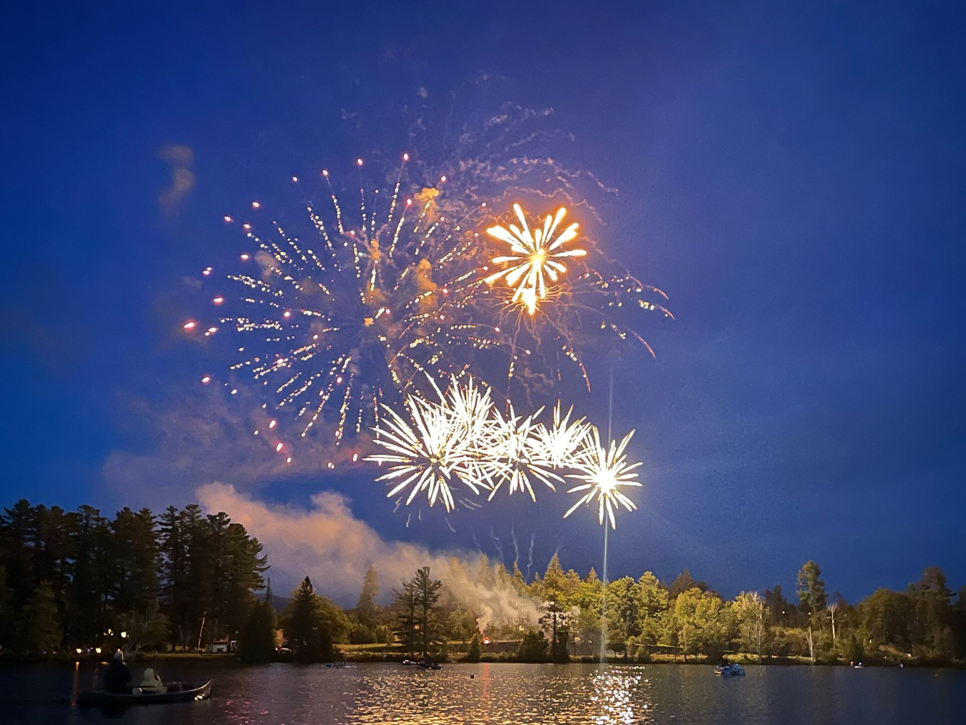 Fireworks display over Mirror Lake in Lake Placid.