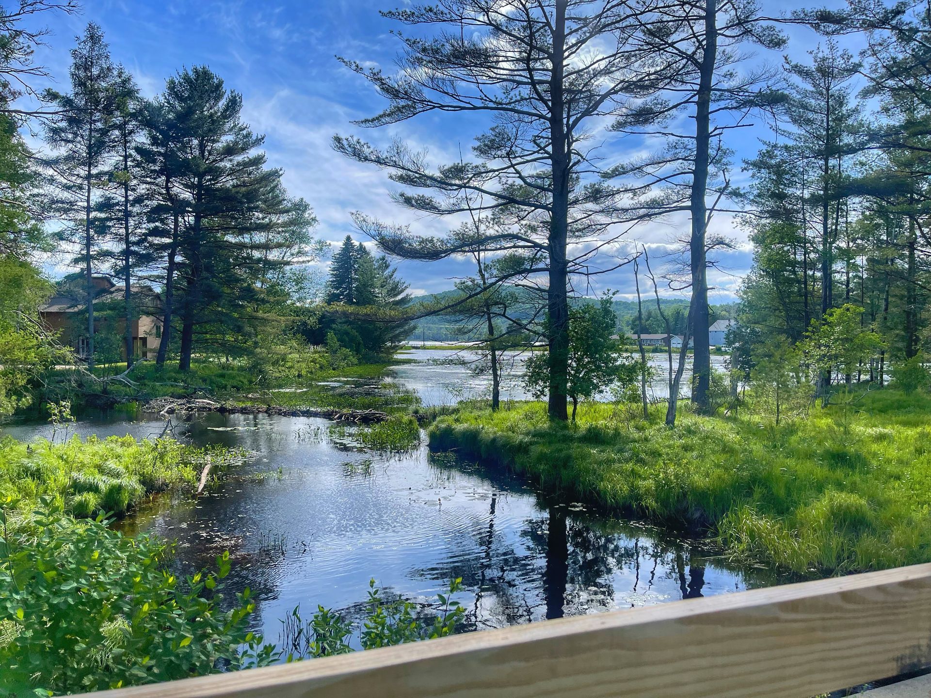 View of pristine lake and mountains from the Adirondack Rail Trail