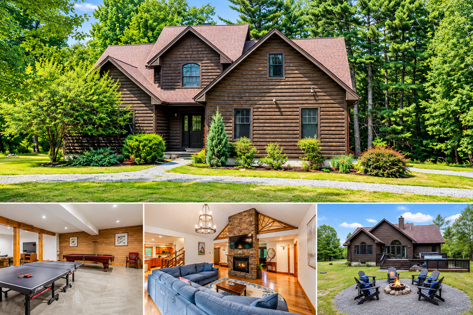 Photo displaying the front of Jay Brook Lodge vacation rental home in Jay, NY, along with the game room, living room, and backyard fire pit. 