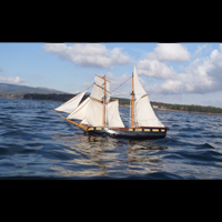 a model sailboat is floating on top of a body of water .