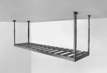 a metal shelf is hanging from the ceiling in a garage .