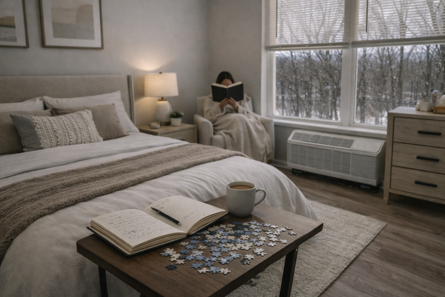 Rainy day relaxation space Cozy bedroom setup for a rainy day with a neatly made bed, soft lighting, a journal, coffee, and a puzzle on a table