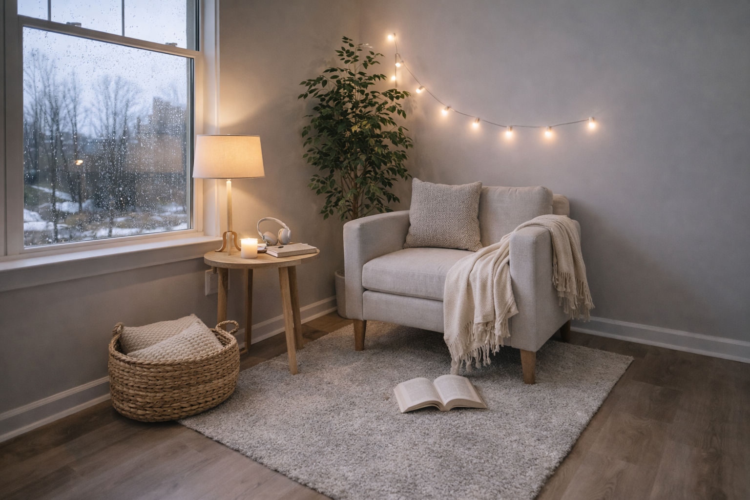 A cozy living room corner designed for relaxing, reading, and unwinding on a rainy day Cozy living room corner with an armchair, soft blanket, warm lighting, and a book creating a relaxing rainy day retreat
