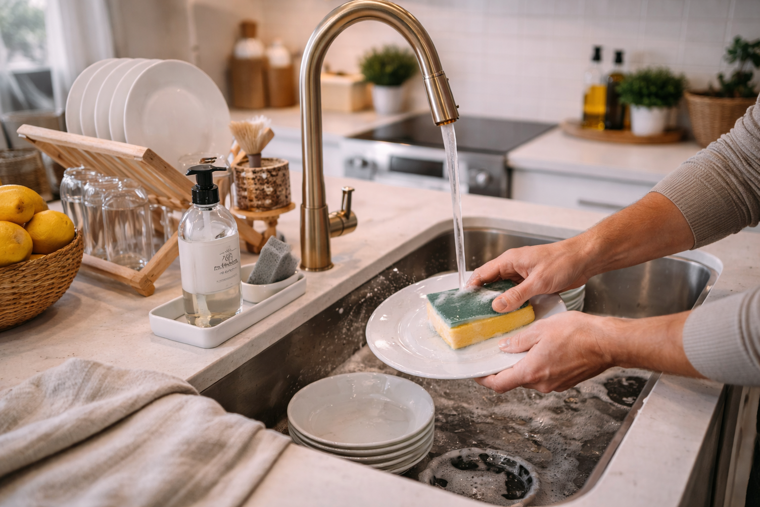 Washing dishes as part of a simple home reset on a rainy day Hands washing dishes with a sponge in a clean modern kitchen sink with soap and drying rack nearby