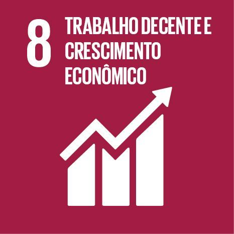 Ícone vermelho do ODS 8 com gráfico branco em alta e texto “Trabalho decente e crescimento econômico”.