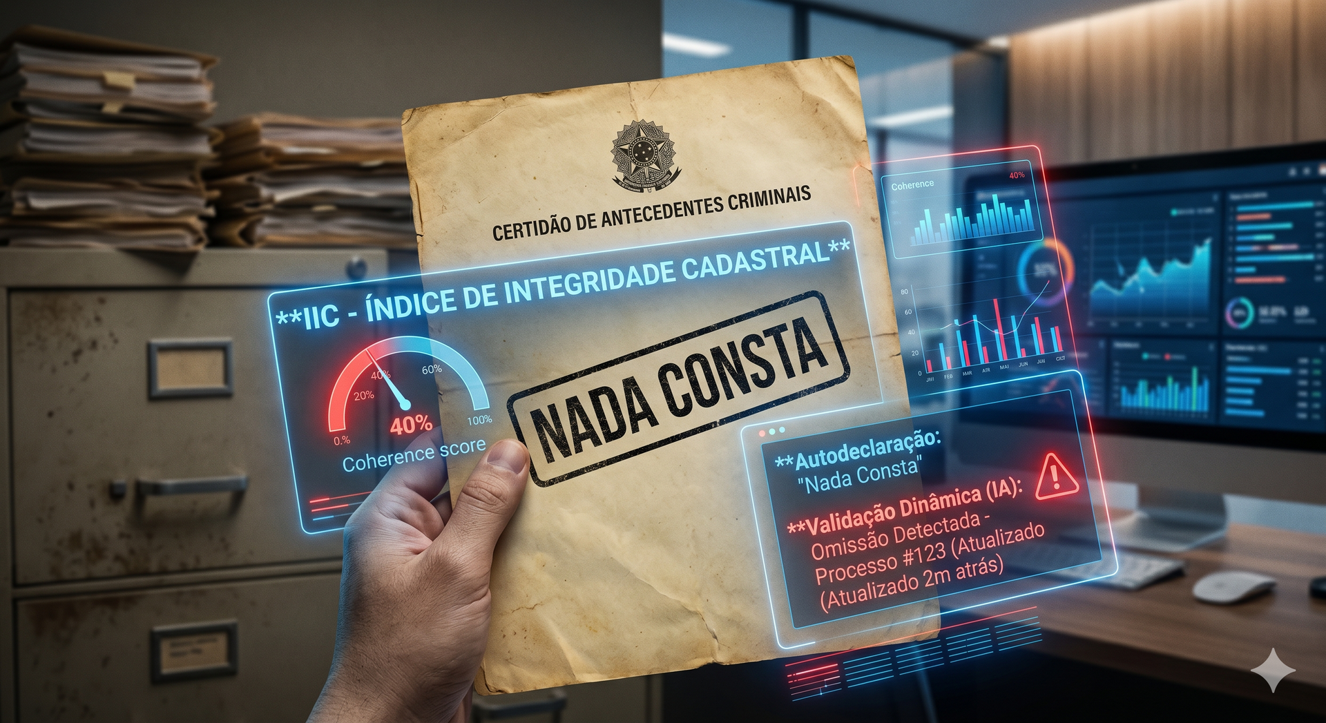 Mão segurando um documento carimbado com a inscrição “NADA CONSTA” sobre telas digitais em um escritório desorganizado.