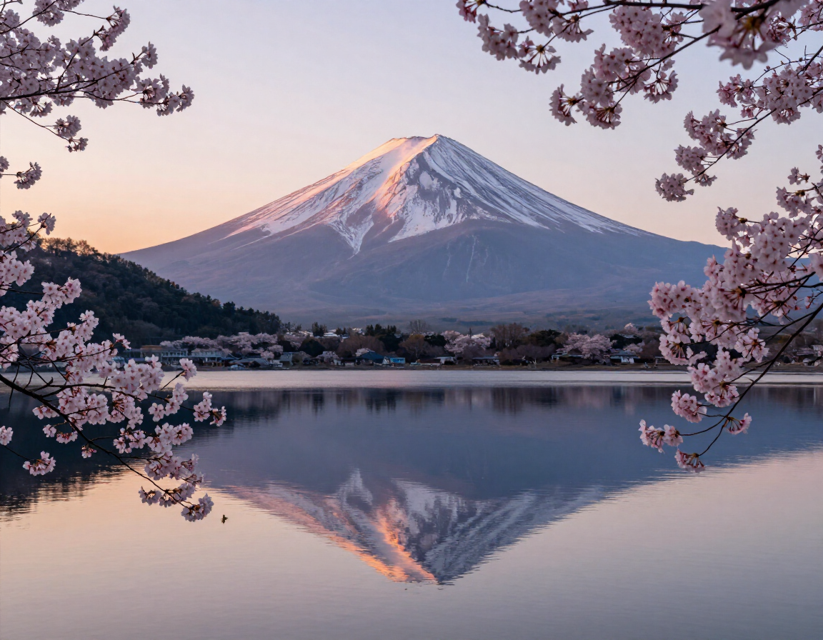 Il monte Fuji all'alba si riflette in un lago tranquillo, incorniciato dai fiori di ciliegio rosa.