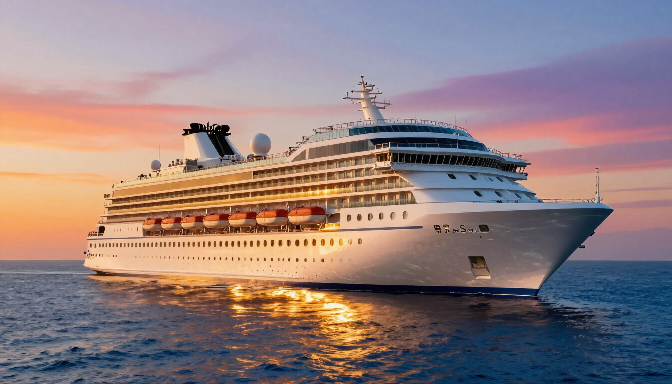 Una grande nave da crociera bianca solca le calme acque blu al tramonto, sotto un cielo rosa-arancio.