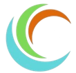 Logo astratto circolare con linee curve sovrapposte di colore ciano, verde e arancione su sfondo bianco.