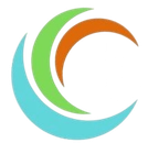 Logo astratto con forme a mezzaluna sovrapposte nei colori verde acqua, verde e arancione su sfondo bianco.