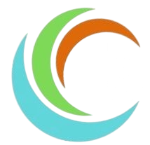 Logo astratto con forme a mezzaluna sovrapposte nei colori verde acqua, verde e arancione su sfondo bianco.